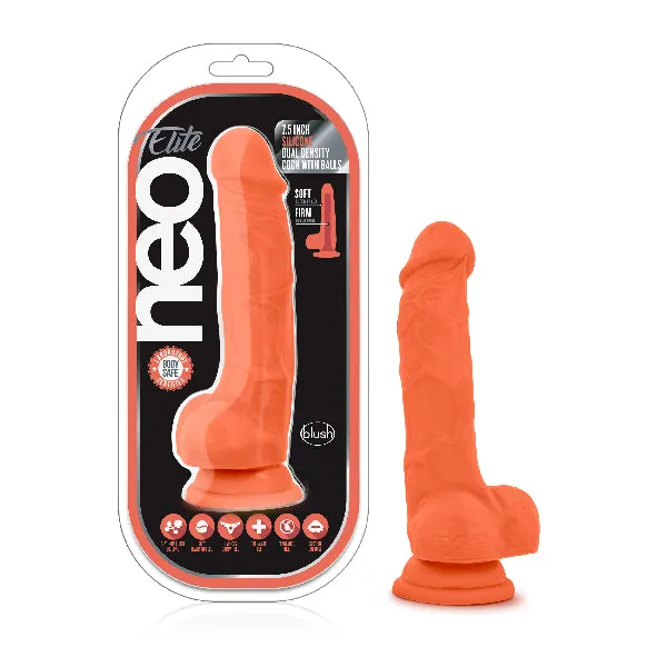 Female Sex Toys Blush Novelties Neo Elite 75 Silicone Dual Density Cock with Balls Neon Orange
