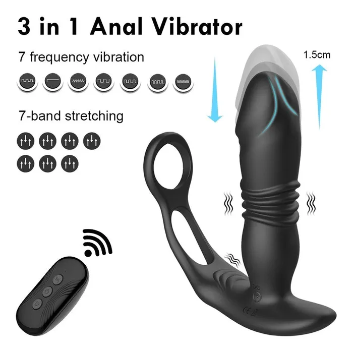 Male Sex Toys XMEN Thrusting Silicone Butt Plug with Cockring and Remote