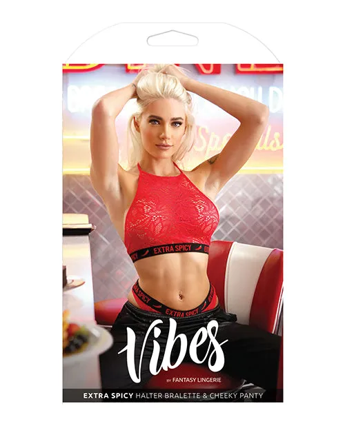 Vibrators Fantasy Lingerie Vibes Extra Spicy Halter Bralette Cheeky Panty Chili Red Sm