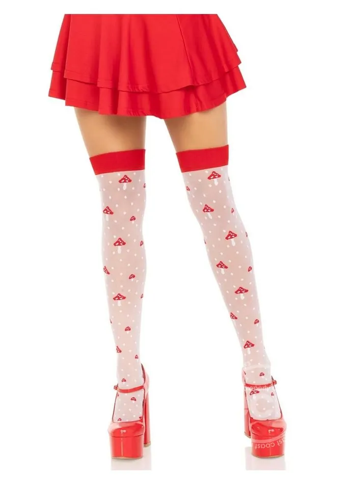 Spandex Sheer Polka Dot Mushroom Thigh Highs OS WhiteRed Leg Avenue Vibrators