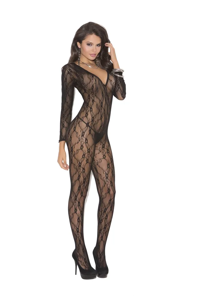 Deep V Lace Long Sleeve OS Black Elegant Moments Anal