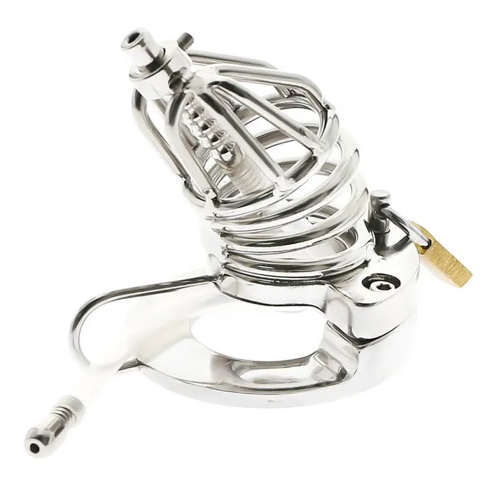 Male Sex Toys CHASTITY CAGE CO Stainless Steel Chastity Cage Ball Stretcher with Urethral Catheter Cock Cage