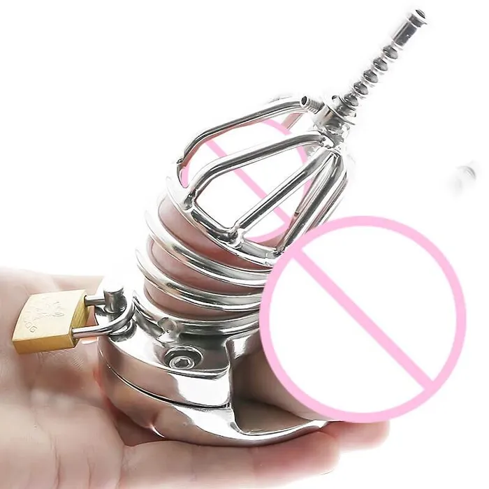 Male Sex Toys CHASTITY CAGE CO Stainless Steel Chastity Cage Ball Stretcher with Urethral Catheter Cock Cage