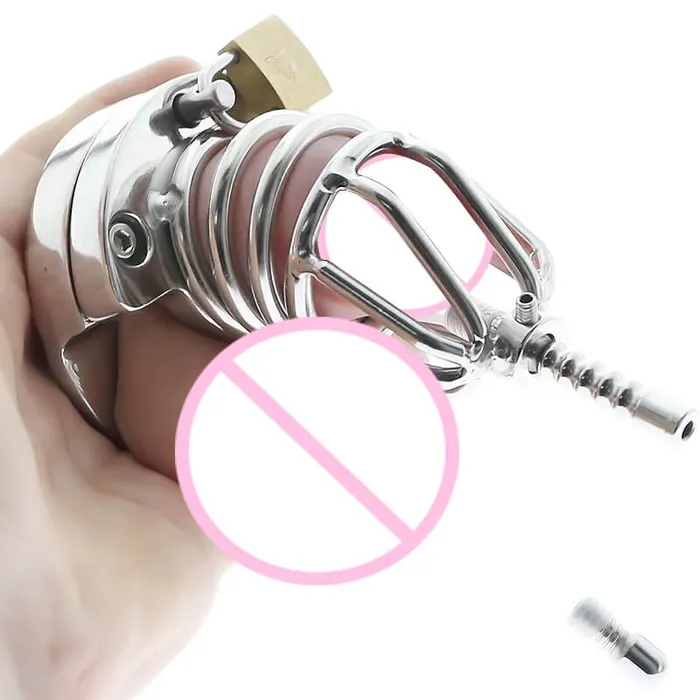 Male Sex Toys CHASTITY CAGE CO Stainless Steel Chastity Cage Ball Stretcher with Urethral Catheter Cock Cage