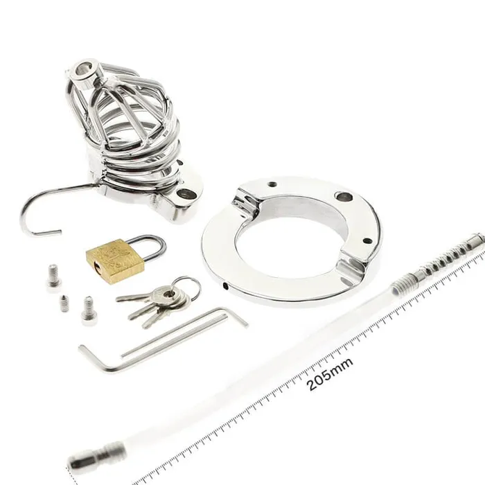 Male Sex Toys CHASTITY CAGE CO Stainless Steel Chastity Cage Ball Stretcher with Urethral Catheter Cock Cage