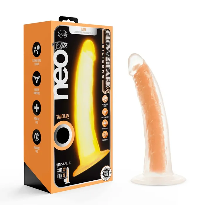 Blush Female Sex Toys Neo Elite Glow In The Dark 75 Silicone Dual Density Dildo Neon Orange