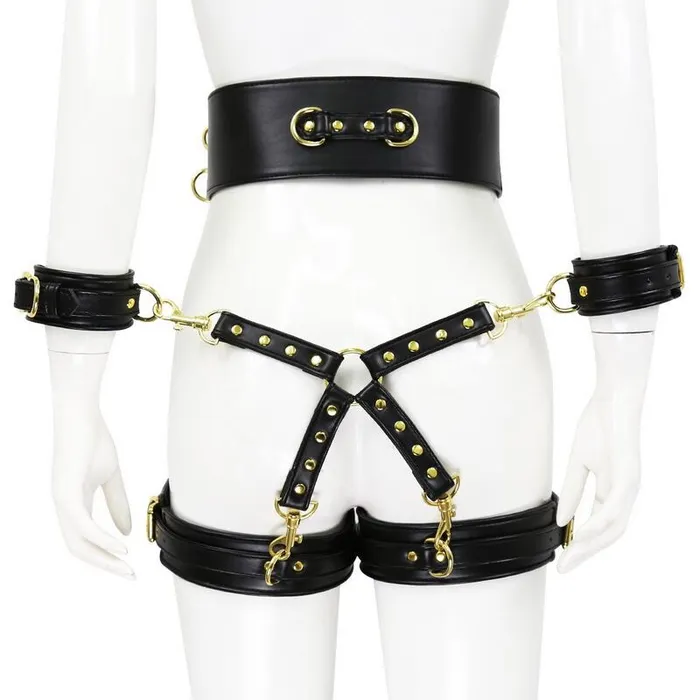 EVEs SECRETS BDSM PU Leather Bondage Set Handcuffs and Legcuffs with Center Connection and Belt Restraints EVEs SECRETS BDSM PU Leather Bondage Set Handcuffs and Legcuffs with Center Connection and Belt Restraints