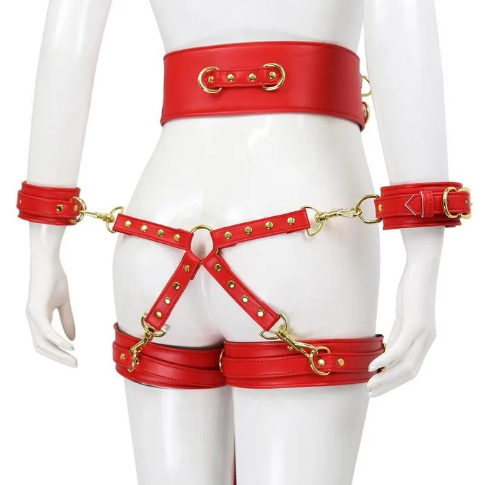 EVEs SECRETS BDSM PU Leather Bondage Set Handcuffs and Legcuffs with Center Connection and Belt Restraints