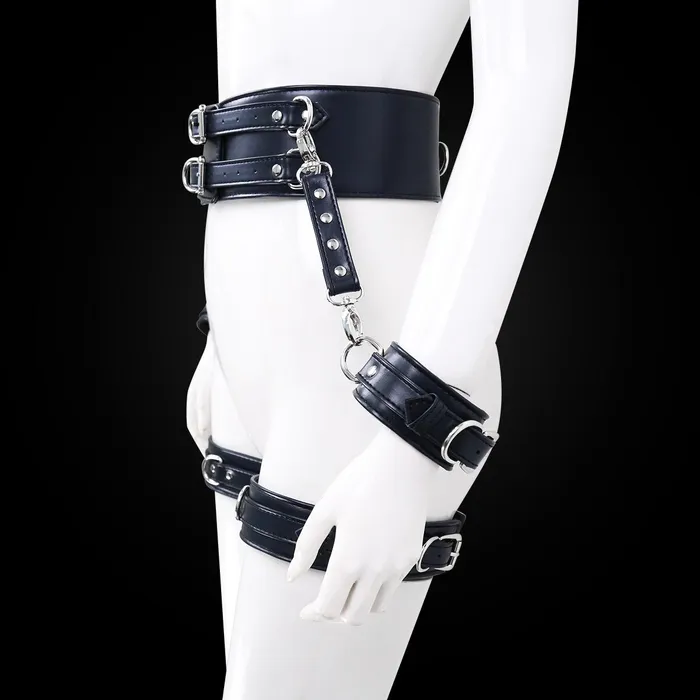EVEs SECRETS BDSM PU Leather Bondage Set Handcuffs and Legcuffs with Center Connection and Belt Restraints