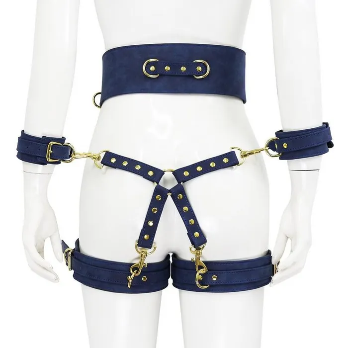 EVEs SECRETS BDSM PU Leather Bondage Set Handcuffs and Legcuffs with Center Connection and Belt Restraints