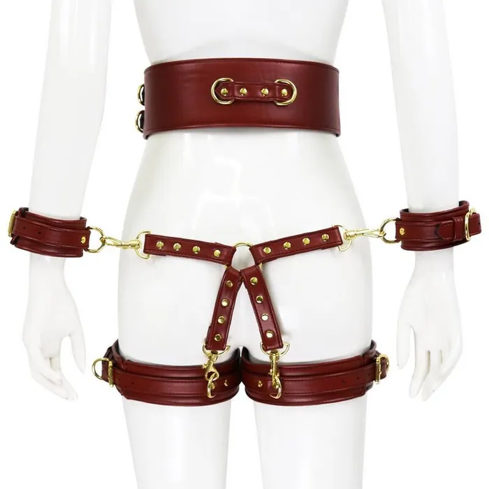 EVEs SECRETS BDSM PU Leather Bondage Set Handcuffs and Legcuffs with Center Connection and Belt Restraints