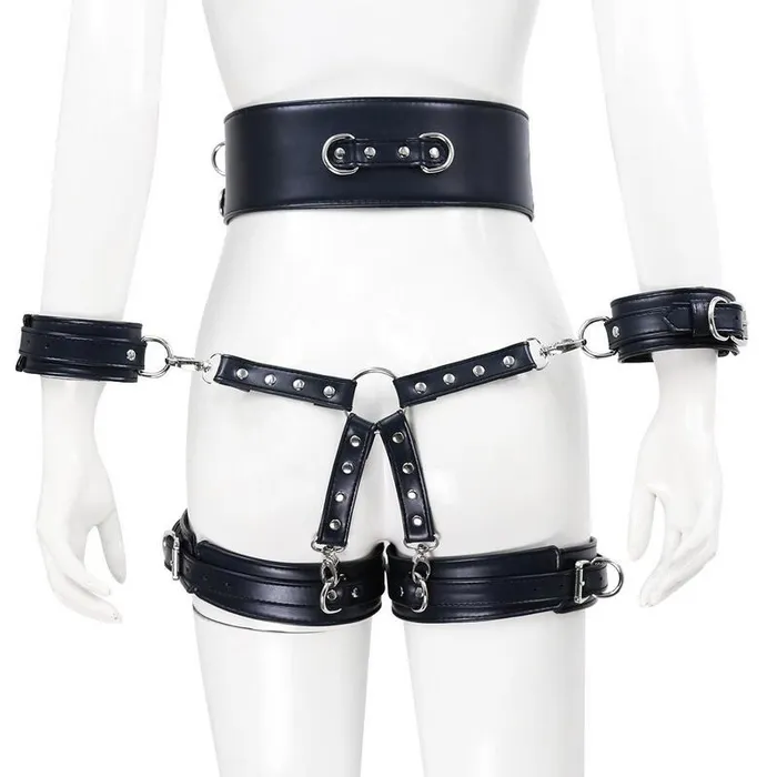 EVEs SECRETS BDSM PU Leather Bondage Set Handcuffs and Legcuffs with Center Connection and Belt Restraints