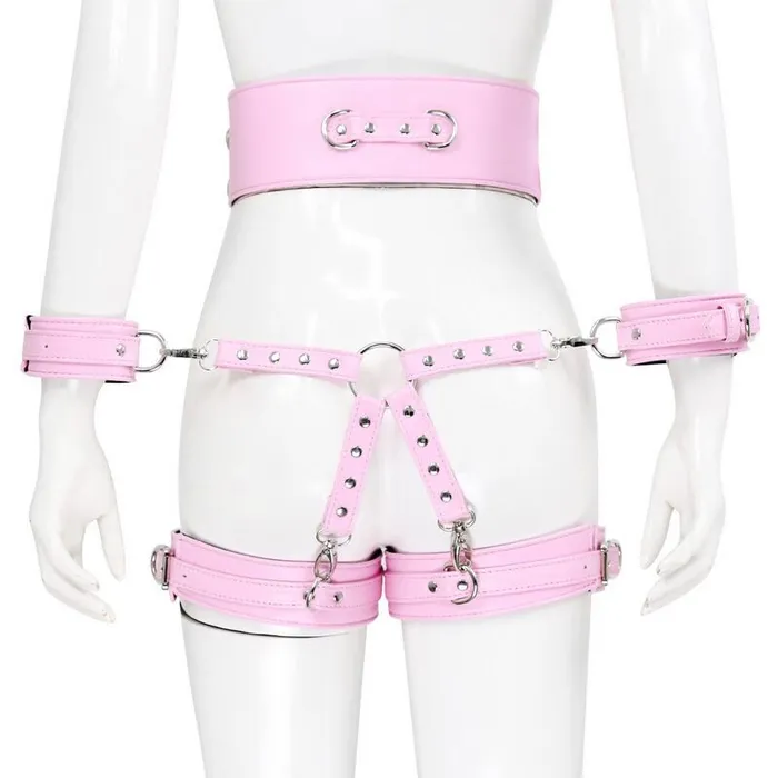 EVEs SECRETS BDSM PU Leather Bondage Set Handcuffs and Legcuffs with Center Connection and Belt Restraints