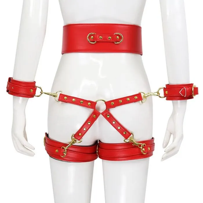 EVEs SECRETS BDSM PU Leather Bondage Set Handcuffs and Legcuffs with Center Connection and Belt Restraints