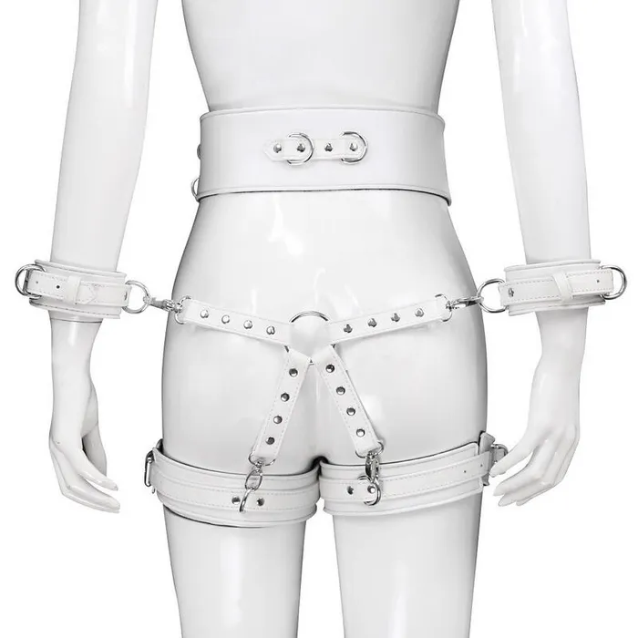 EVEs SECRETS BDSM PU Leather Bondage Set Handcuffs and Legcuffs with Center Connection and Belt Restraints