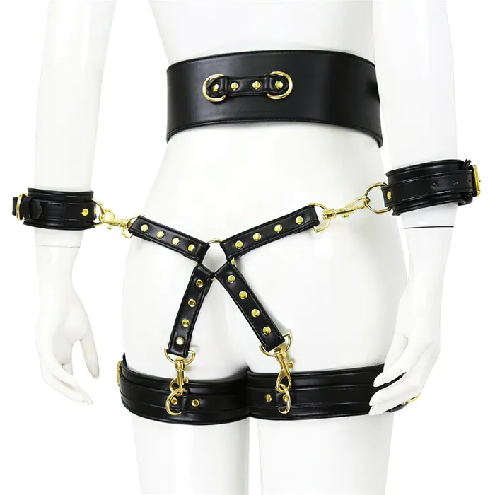 EVEs SECRETS BDSM PU Leather Bondage Set Handcuffs and Legcuffs with Center Connection and Belt Restraints
