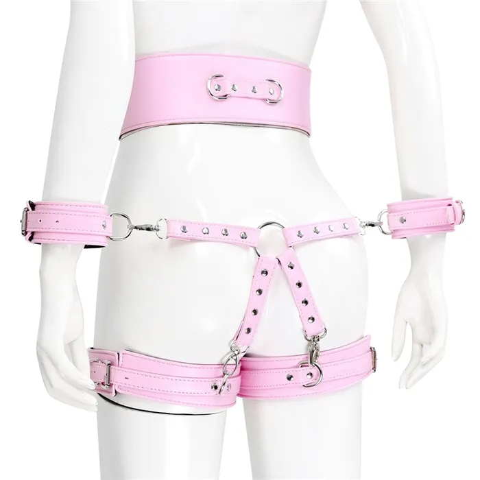 EVEs SECRETS BDSM PU Leather Bondage Set Handcuffs and Legcuffs with Center Connection and Belt Restraints