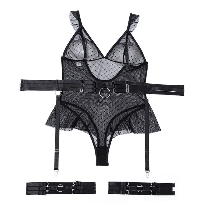 EVEs SECRETS Female Sex Toys Womens Sexy Polka Dot Bodysuit with Belt and Leg Harness Sheer Tempting Erotic Outfits