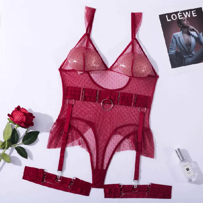 EVEs SECRETS Female Sex Toys Womens Sexy Polka Dot Bodysuit with Belt and Leg Harness Sheer Tempting Erotic Outfits