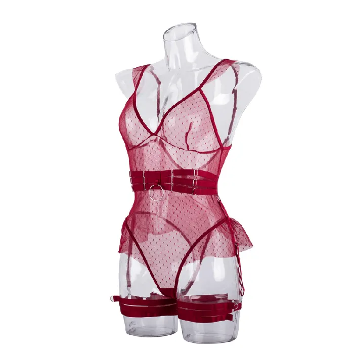 EVEs SECRETS Female Sex Toys Womens Sexy Polka Dot Bodysuit with Belt and Leg Harness Sheer Tempting Erotic Outfits