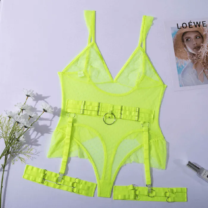 EVEs SECRETS Female Sex Toys Womens Sexy Polka Dot Bodysuit with Belt and Leg Harness Sheer Tempting Erotic Outfits