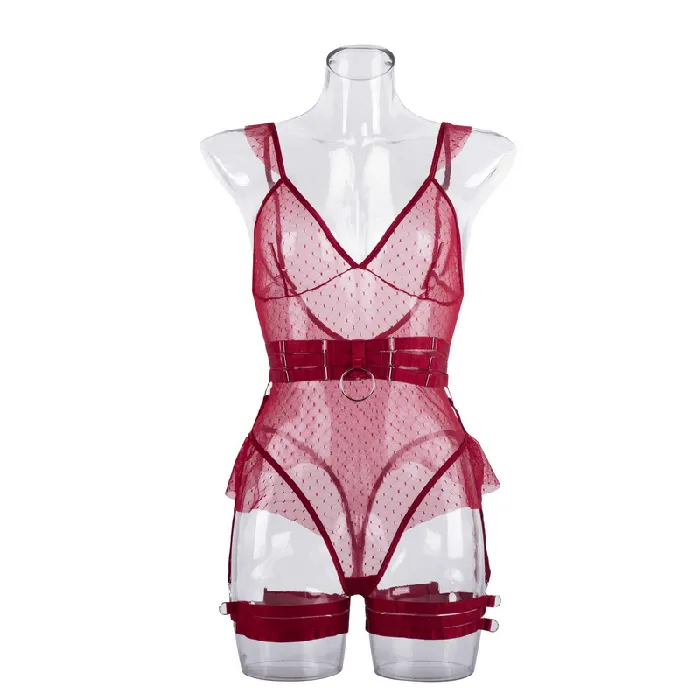 EVEs SECRETS Female Sex Toys Womens Sexy Polka Dot Bodysuit with Belt and Leg Harness Sheer Tempting Erotic Outfits