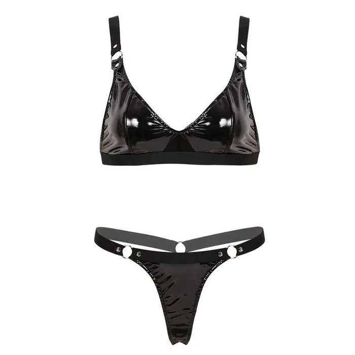 EVEs SECRETS Restraints Womens Wet Look Sexy Lingerie Hot Leather Bikini Set Bra Top With GString