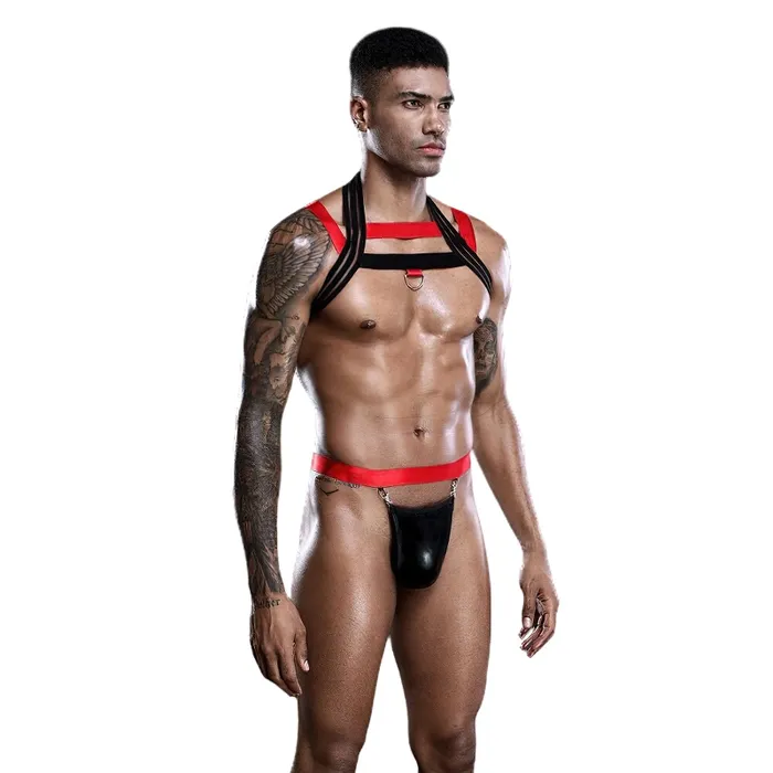 Jockstrap Tback Briefs with Elastic Chest Harness in Black Red Color Mens Sexy Underwear Set EVEs SECRETS Female Sex Toys
