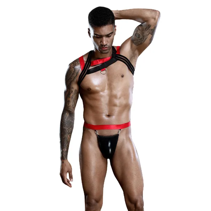 Jockstrap Tback Briefs with Elastic Chest Harness in Black Red Color Mens Sexy Underwear Set EVEs SECRETS Female Sex Toys