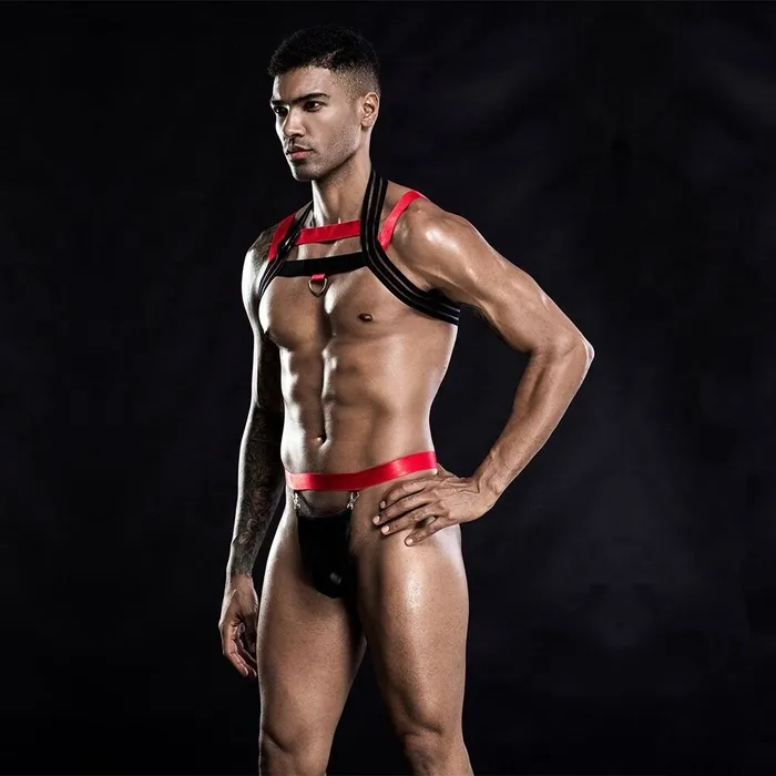 Jockstrap Tback Briefs with Elastic Chest Harness in Black Red Color Mens Sexy Underwear Set EVEs SECRETS Female Sex Toys