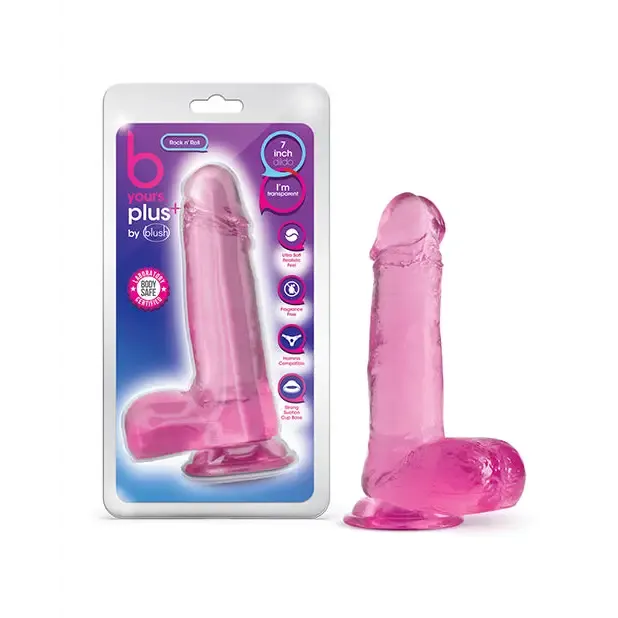 Blush B Yours Plus Rock n Roll 7 in Dildo with Balls Suction Cup Clear Blush Dildos