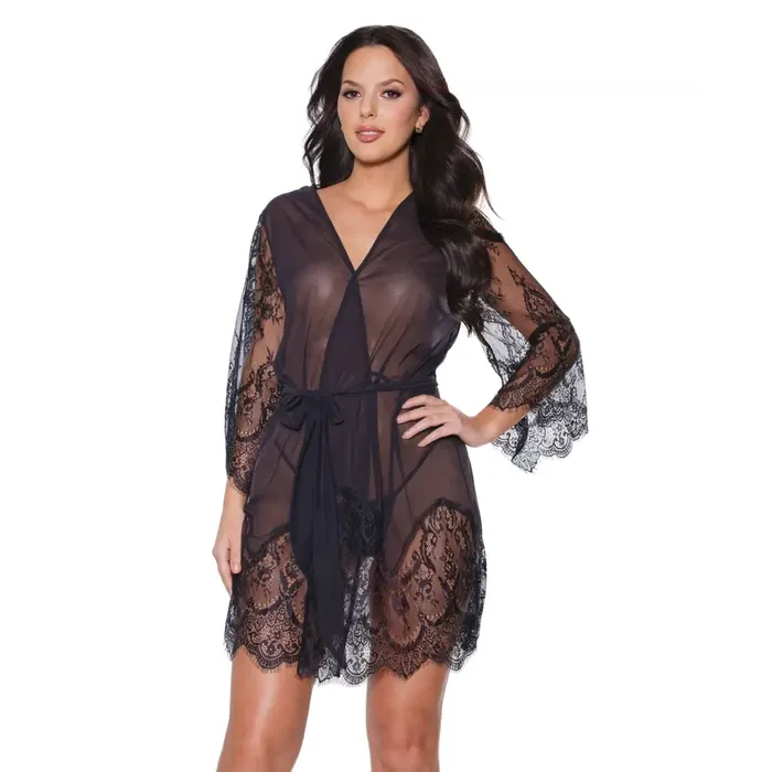 Coquette Anal holiday Eyelash Lace Robe Wbell Sleeves Black Os