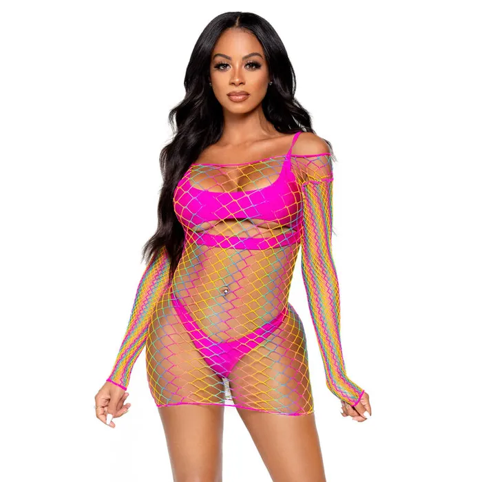Female Sex Toys LEG AVENUE NET LONG SLEEVED MINI DRESS ONE SIZE MULTICOLOR Leg Avenue