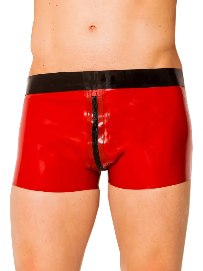 HonourSkintwocom Anal Red Black Ultimate 2 Way Zip Latex Shorts