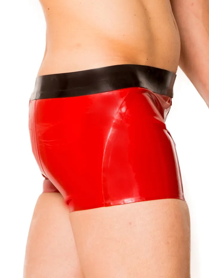 HonourSkintwocom Anal Red Black Ultimate 2 Way Zip Latex Shorts