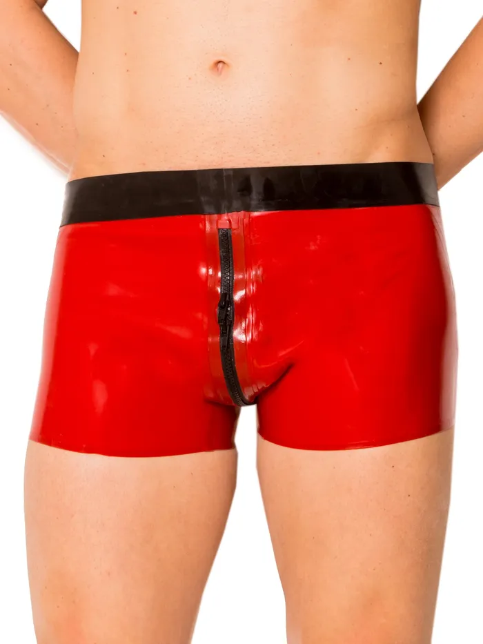 HonourSkintwocom Anal Red Black Ultimate 2 Way Zip Latex Shorts