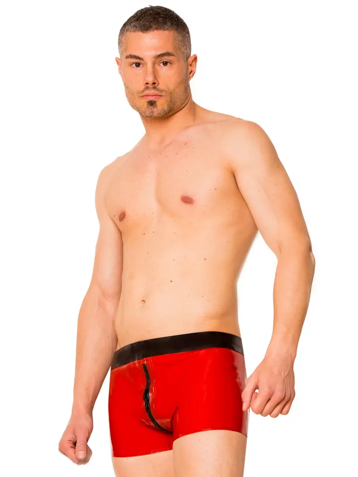 HonourSkintwocom Anal Red Black Ultimate 2 Way Zip Latex Shorts
