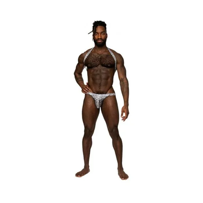 Male Power Snaked Shoulder Sling Harness Thong OnePiece SilverBlack LXL Male Power Anal