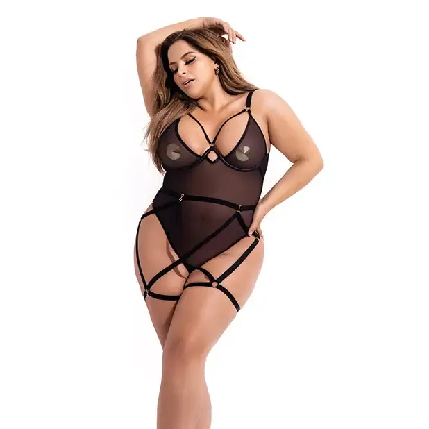 Mapale Anal Underwire Mesh Bodysuit Wgarterbelt Black