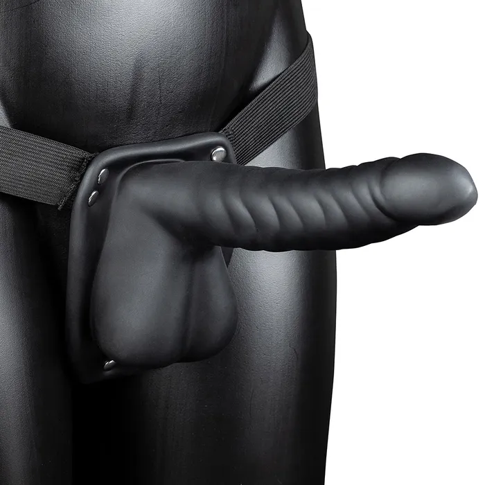Ouch Ribbed 8 Inch Hollow Ballsy StrapOn in Black Shots Toys Female Sex Toys