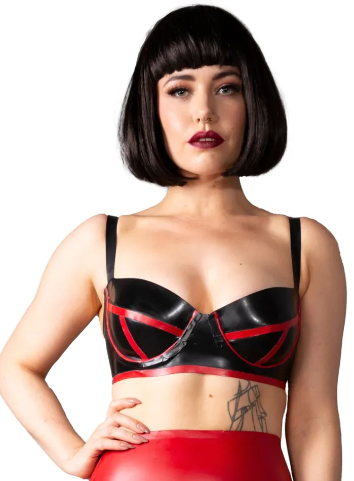 SkinTwocom Anal Bordello Latex Bra in Black Red Clearance Size S