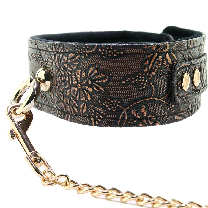 Vibrators Spartacus Lockable Lined Collar and Leash in Metallic Floral