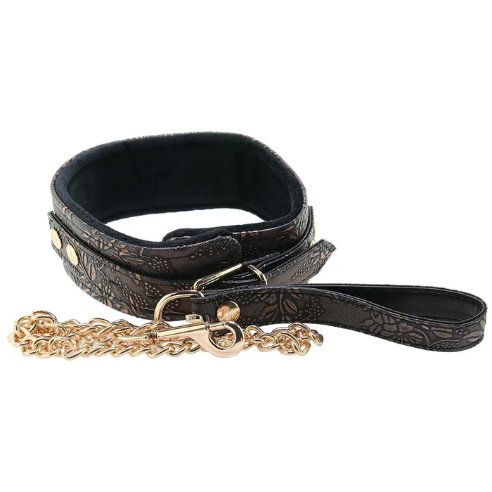 Vibrators Spartacus Lockable Lined Collar and Leash in Metallic Floral