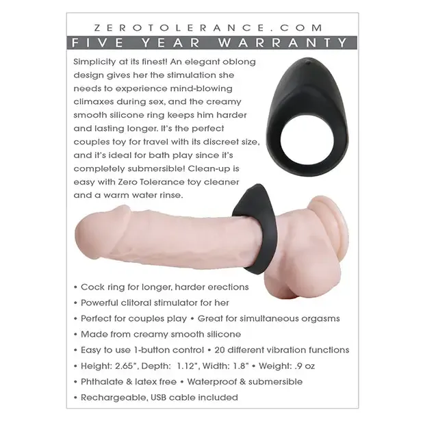 Zero Tolerance Zero Tolerance Night Rider Rechargeable Vibrating Silicone Cockring Black Anal